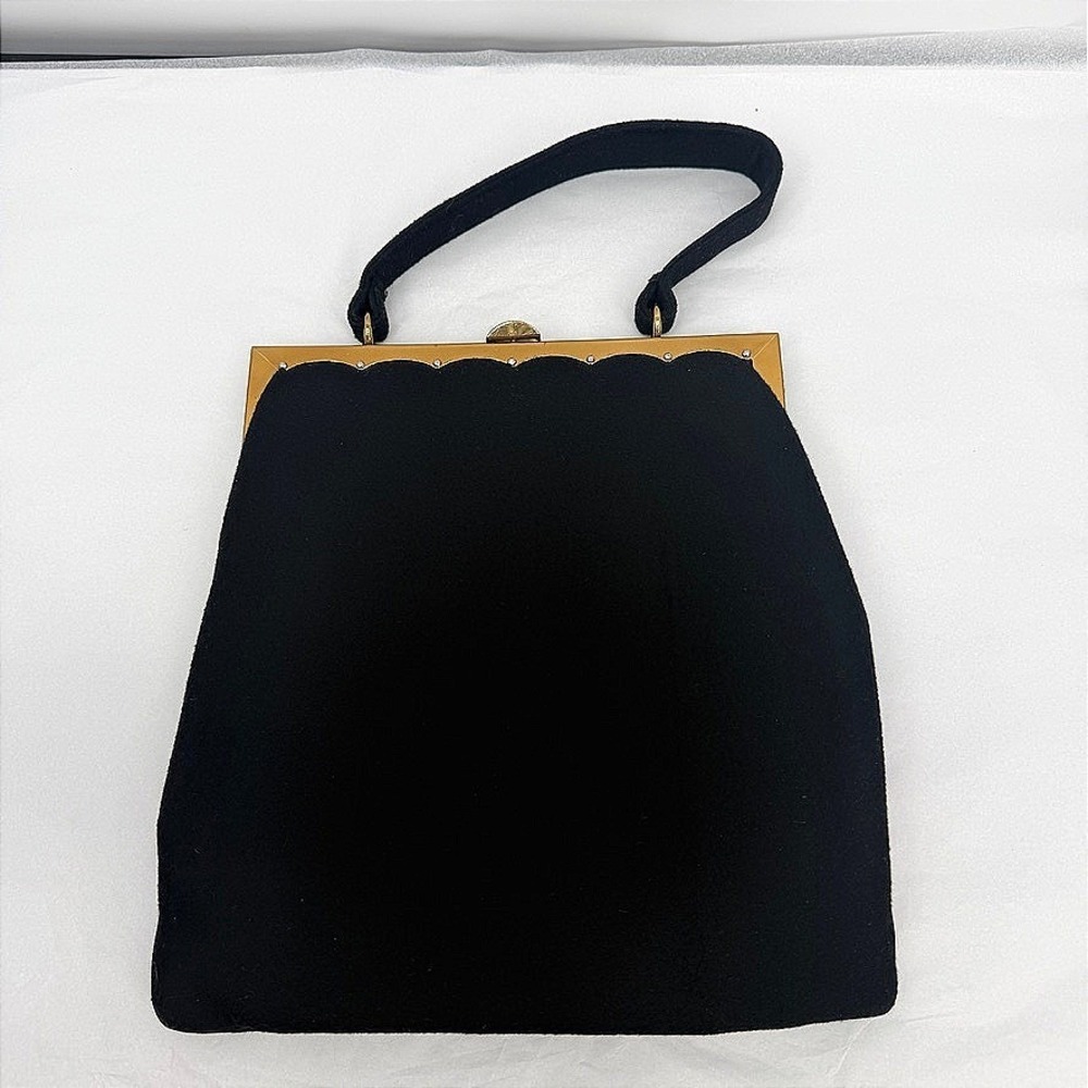 Bobbie Jerome VTG Handbag Black Felt/Wool-Like Gold‎ Scalloped Frame Elegant